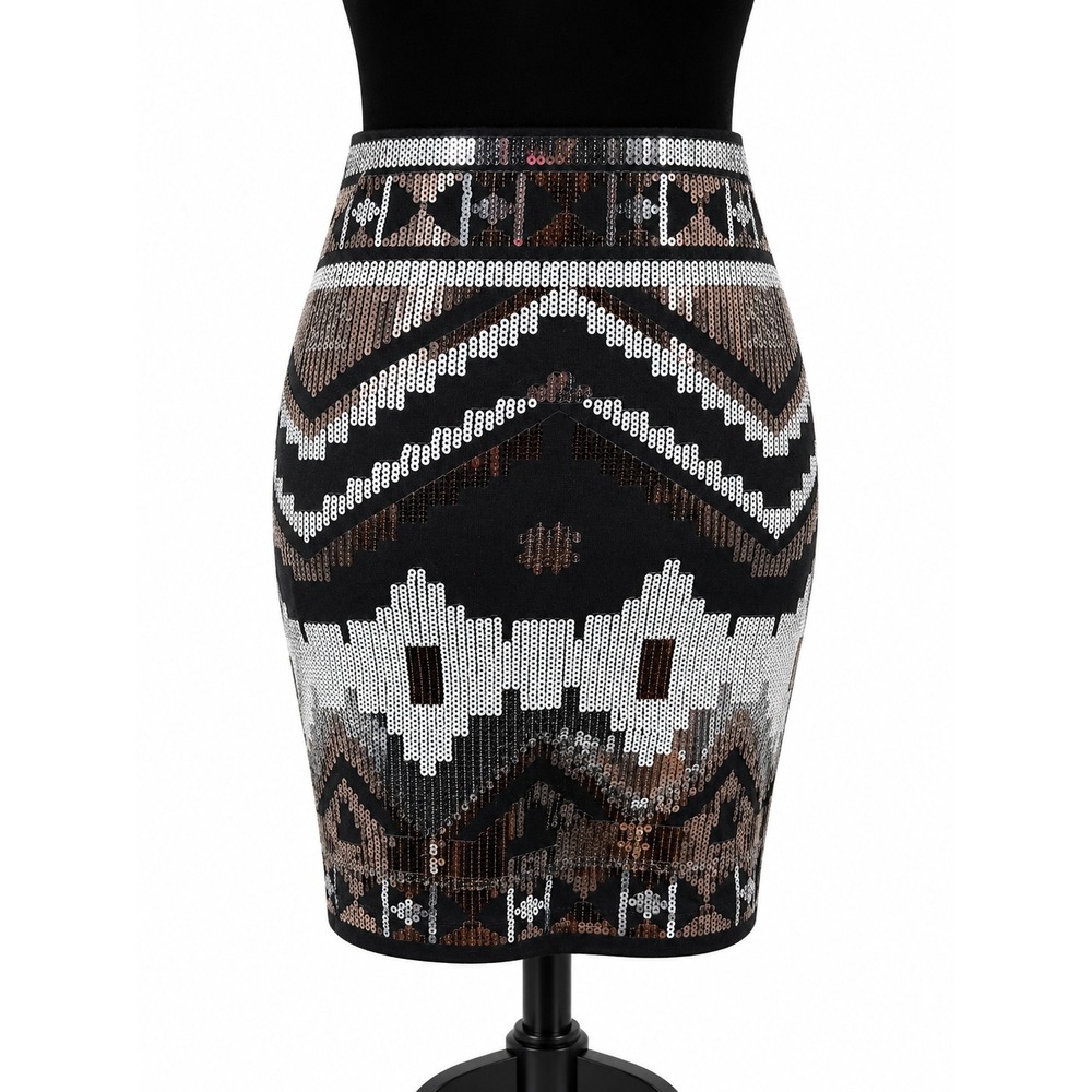 Express Womens Allover Sequin Aztec Print Mini Skirt Size XS Black White Stretch